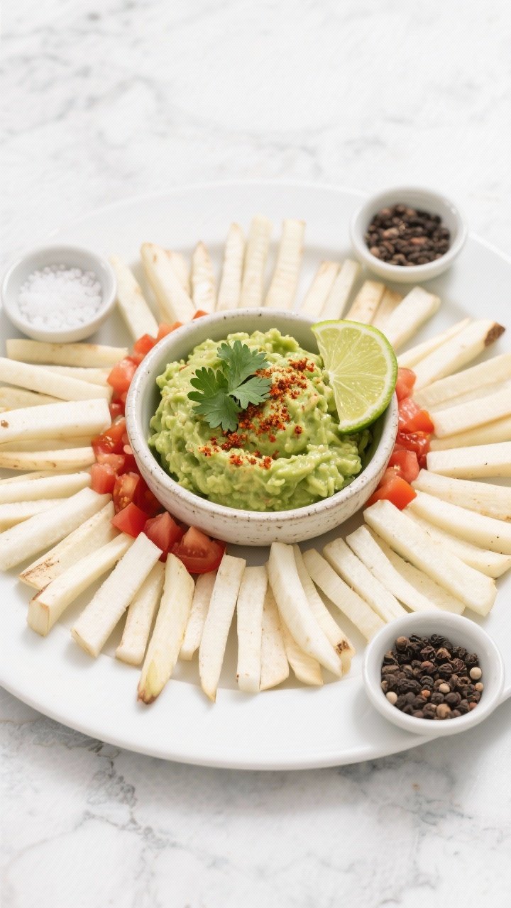 Tasty top view: Overhead shot of a party-style platter of jicama sticks arranged in neat rows around