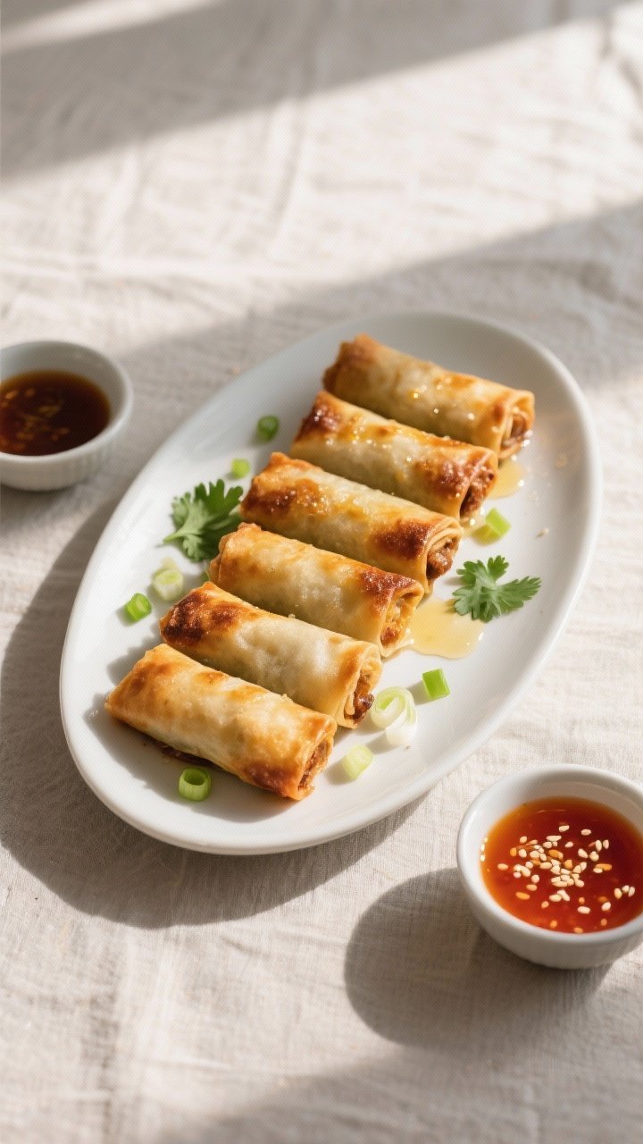 Tasty top view: Overhead shot of a platter of baked egg rolls brushed with oil, evenly browned and c
