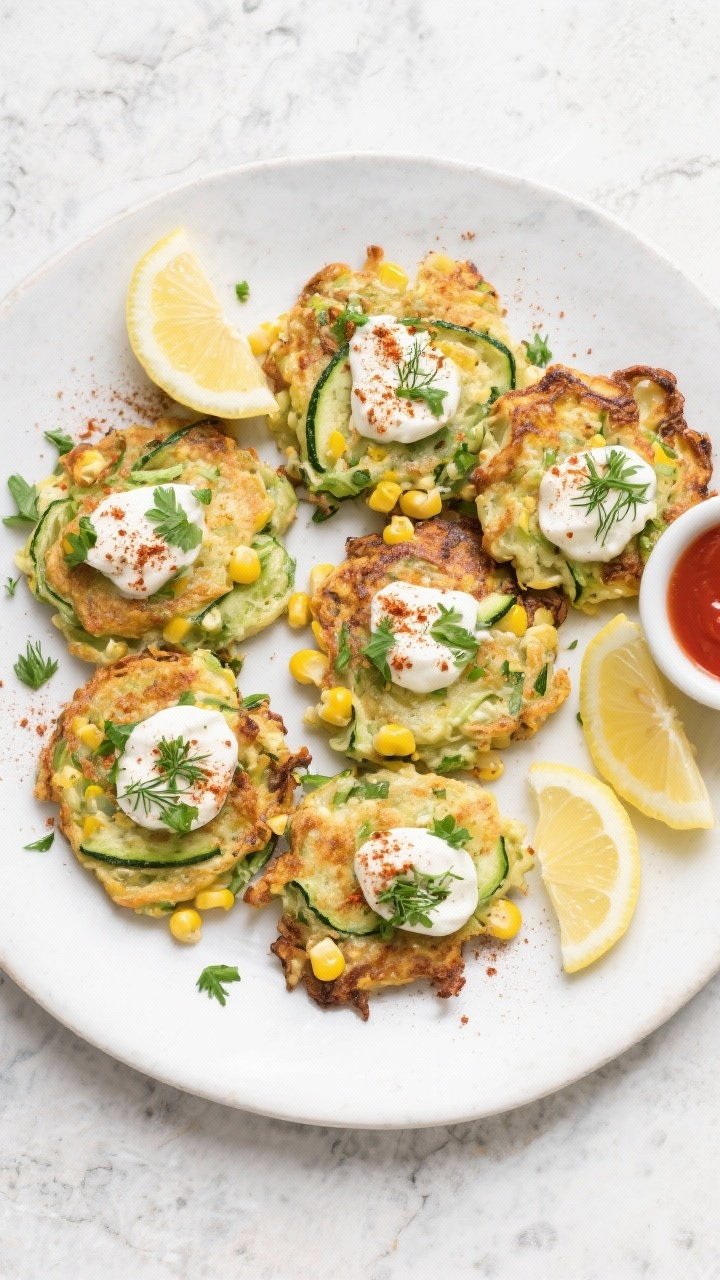 Tasty top view: Overhead shot of a platter of zucchini & corn fritters arranged in a loose circle on