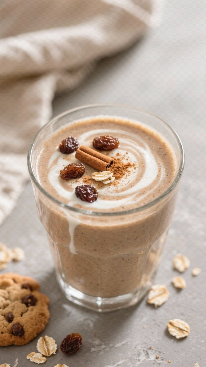 Tasty top view: Overhead shot of a poured Oatmeal Cookie Smoothie in a chilled clear glass, topped w