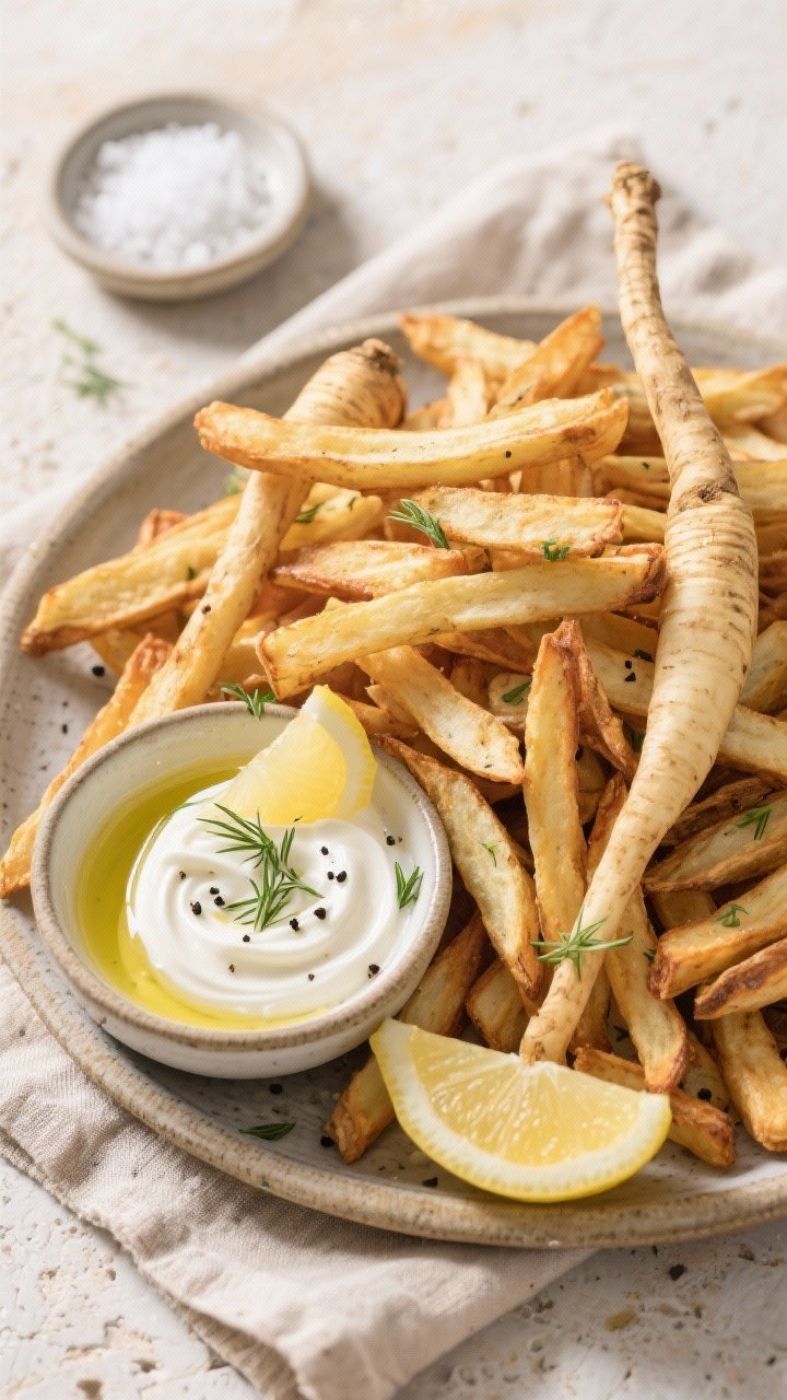Tasty top view: Overhead shot of a rustic platter piled high with parsnip fries, arranged with space