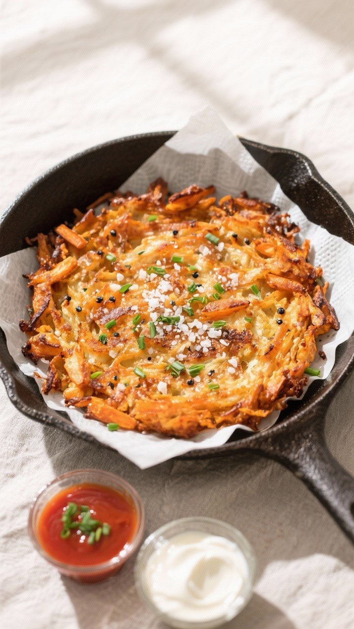 Tasty top view: Overhead shot of a skillet-sized sweet potato hash brown finished and resting on pap