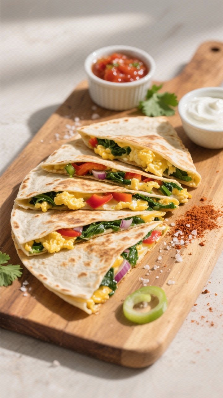 Tasty top view: Overhead shot of a sliced breakfast quesadilla arranged in a fan on a wooden board, 