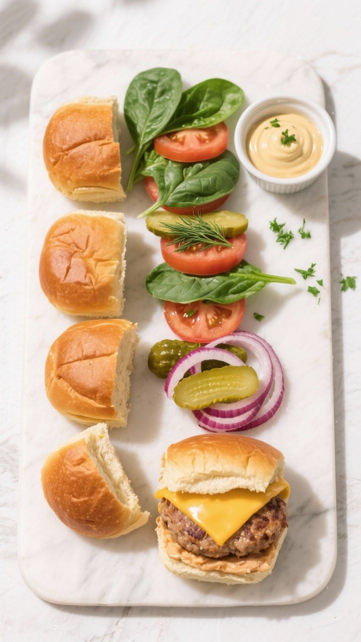 Tasty top view: Overhead shot of a slider assembly board—lightly toasted brioche slider buns, sauc