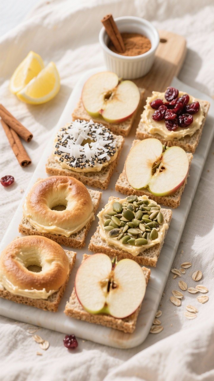 Tasty top view: Overhead shot of a small board of assorted Oat Butter Apple Sandwiches arranged in a