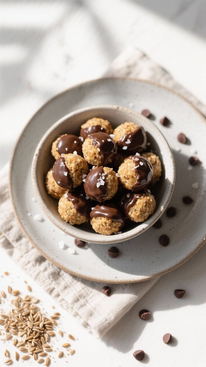 Tasty top view: overhead shot of a small bowl filled with Wowbutter Energy Bites (1-tablespoon size,
