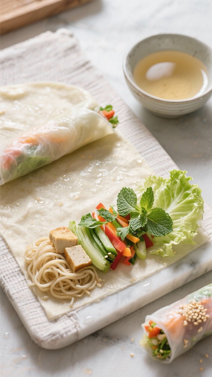 Tasty top view: Overhead shot of a spring roll rolling station mid-process with one softened wrapper