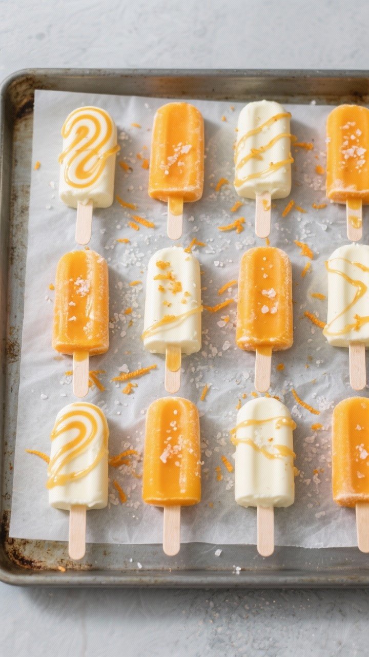 Tasty top view: Overhead shot of a tray of finished Orange Creamsicle Yogurt Pops laid flat on parch