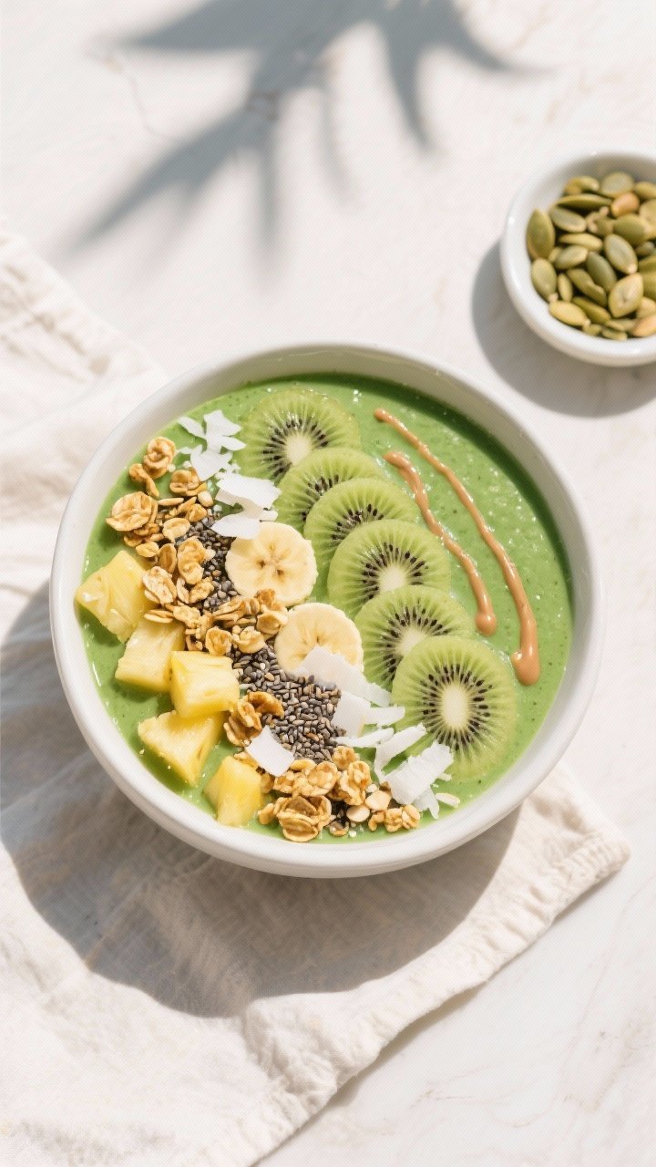 Tasty top view: Overhead shot of a vibrant green smoothie bowl poured thick into a matte white bowl,