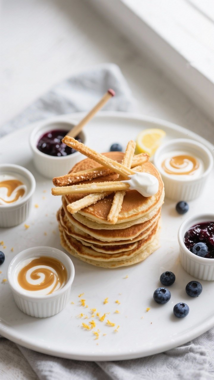 Tasty top view: Overhead shot of a warm stack of Greek Yogurt Pancake Dippers arranged like matchsti
