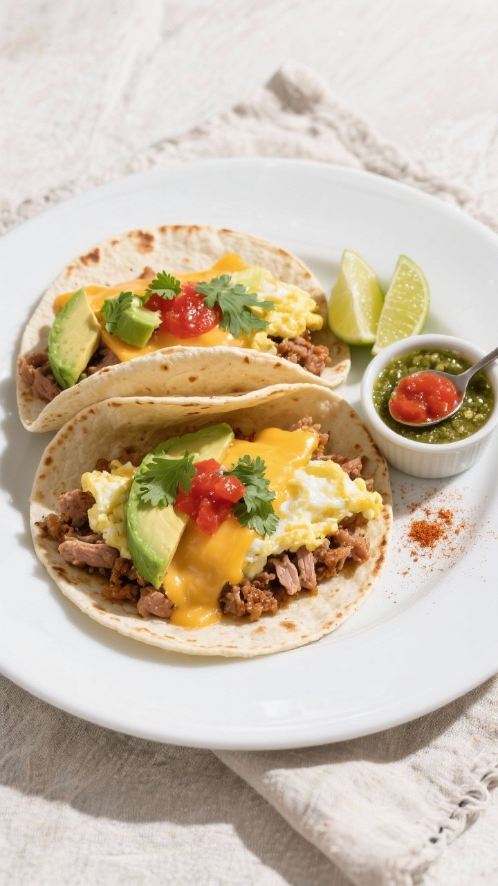 Tasty top view: Overhead shot of assembled breakfast tacos on a warm tortilla stack—two small flou