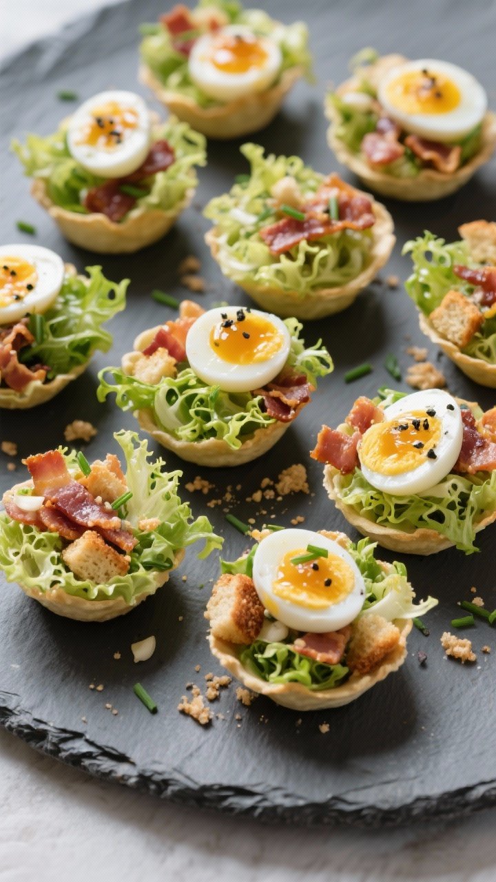 Tasty top view: Overhead shot of assembled Frisée & Bacon Salad Cups arranged in a neat grid on a m