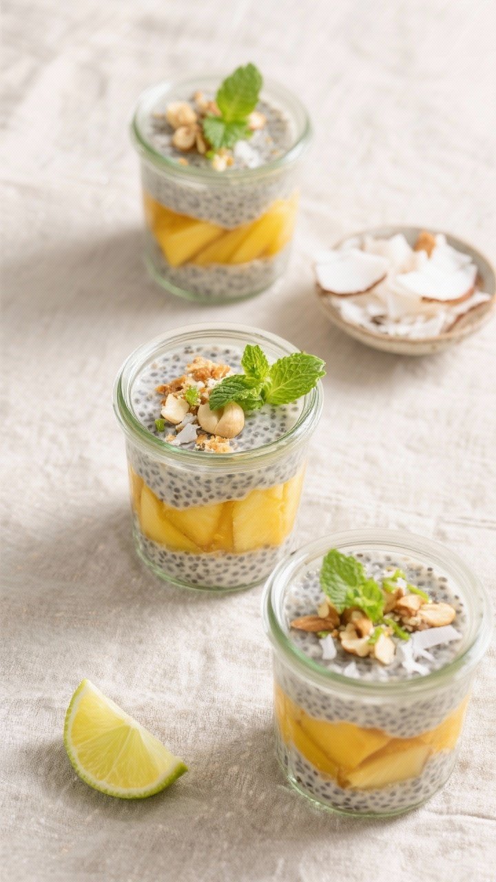 Tasty top view: Overhead shot of assembled Tropical Chia Pudding Breakfast Jars with distinct, tidy 