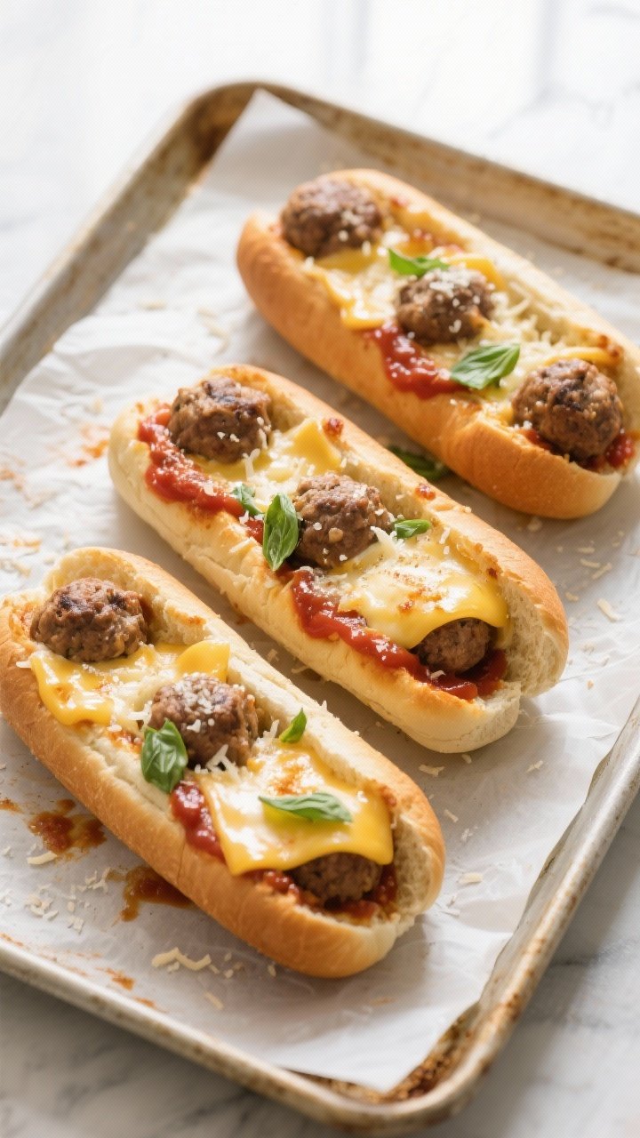 Tasty top view: Overhead shot of assembled turkey meatball subs on a parchment-lined sheet pan just