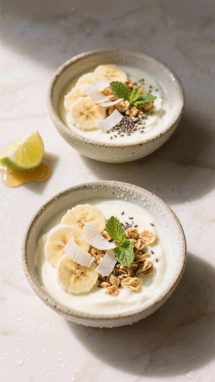 Tasty top view: Overhead shot of chilled durian yogurt served in two small stoneware bowls, topped w