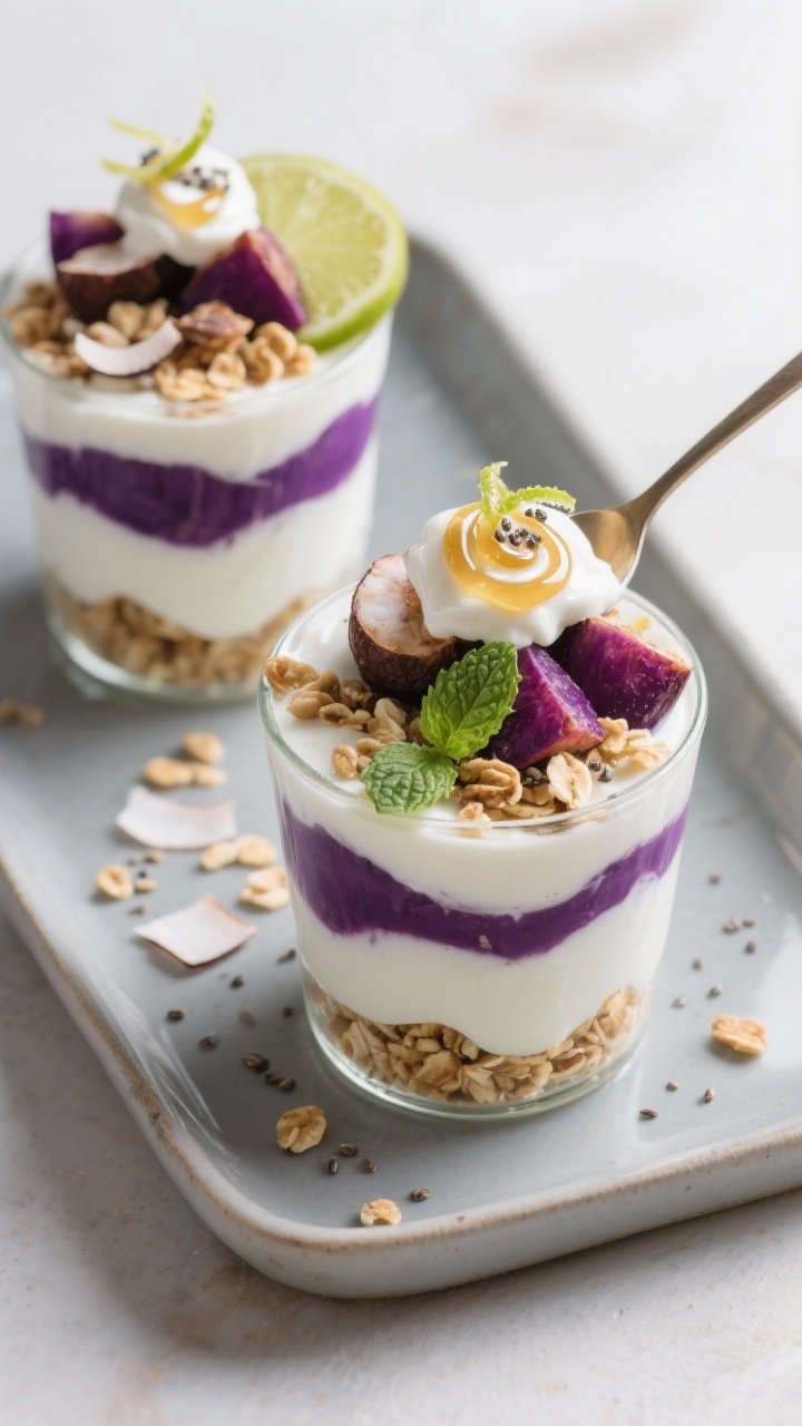 Tasty top view: Overhead shot of finished mangosteen yogurt parfaits on a matte ceramic tray—perfe