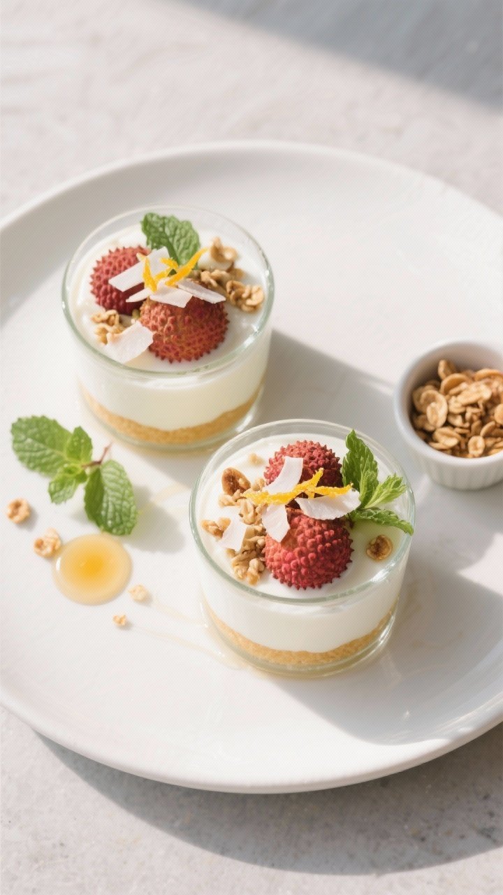 Tasty top view: Overhead shot of finished Rambutan Yogurt Cup served as a light dessert—two small