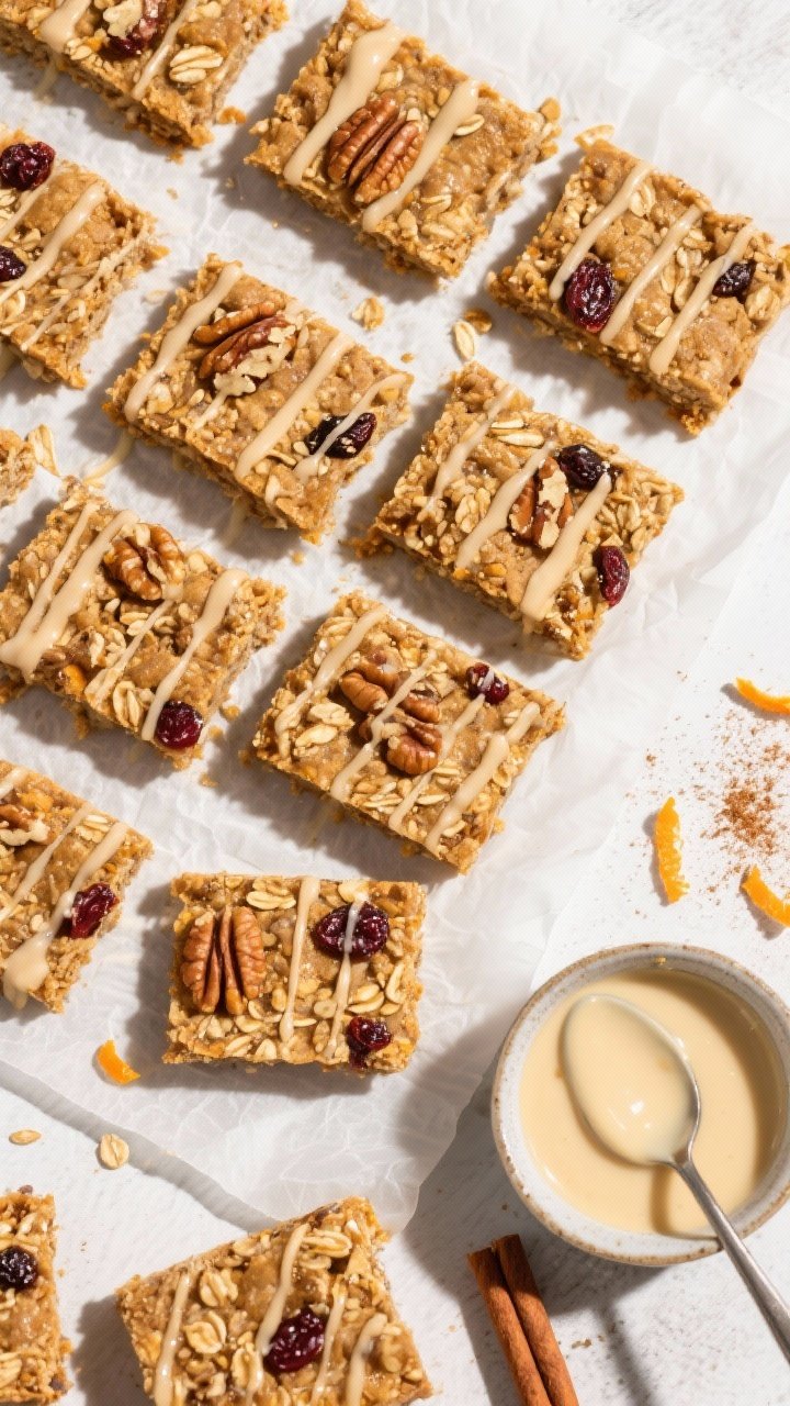 Tasty top view: Overhead shot of neatly sliced Pumpkin Spice Oatmeal Bars arranged in a grid on parc