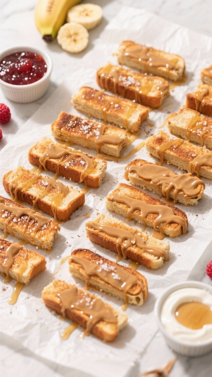 Tasty top view: Overhead shot of open-faced Peanut Butter Toast Sticks just out of the air fryer, ar