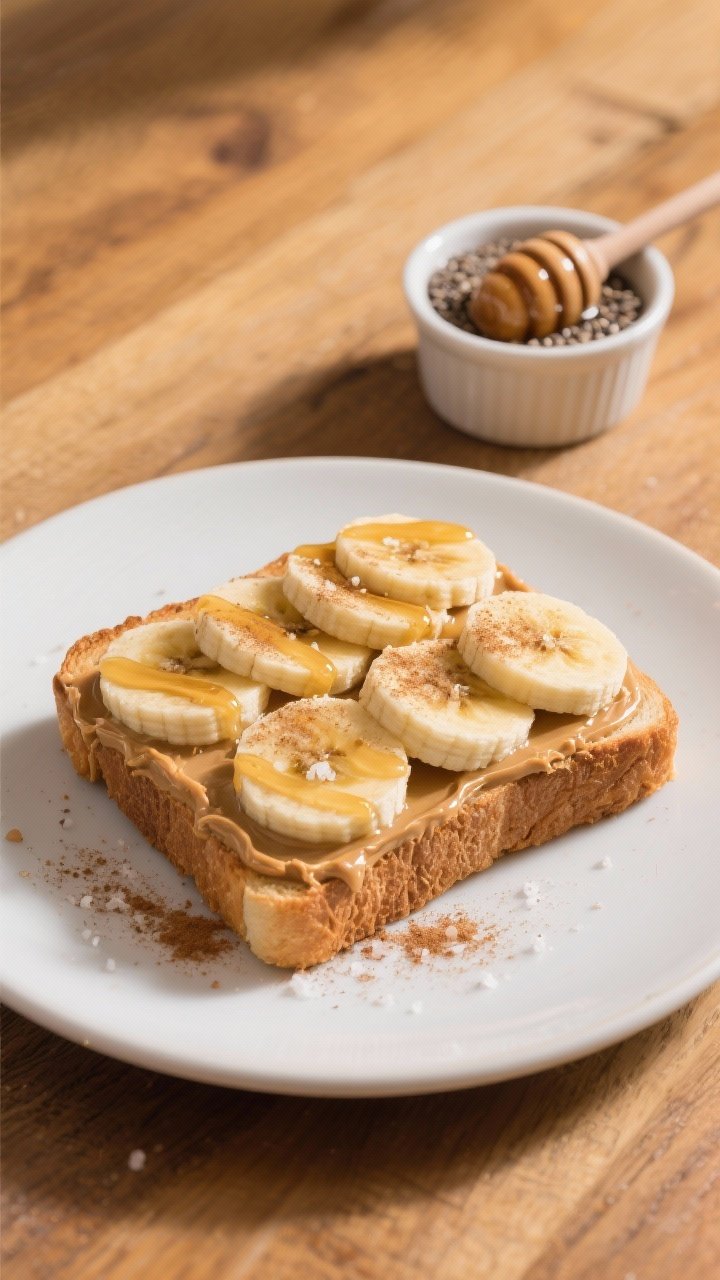 Tasty top view: Overhead shot of Peanut Butter Banana Toast fully assembled—neatly layered 1/4-inc