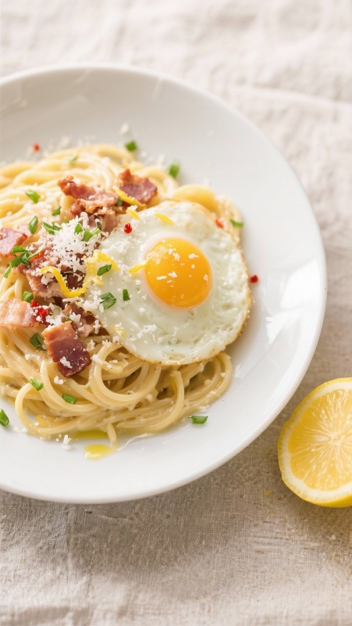 Tasty top view: Overhead shot of plated Breakfast Carbonara-style pasta on a wide white bowl—twirl