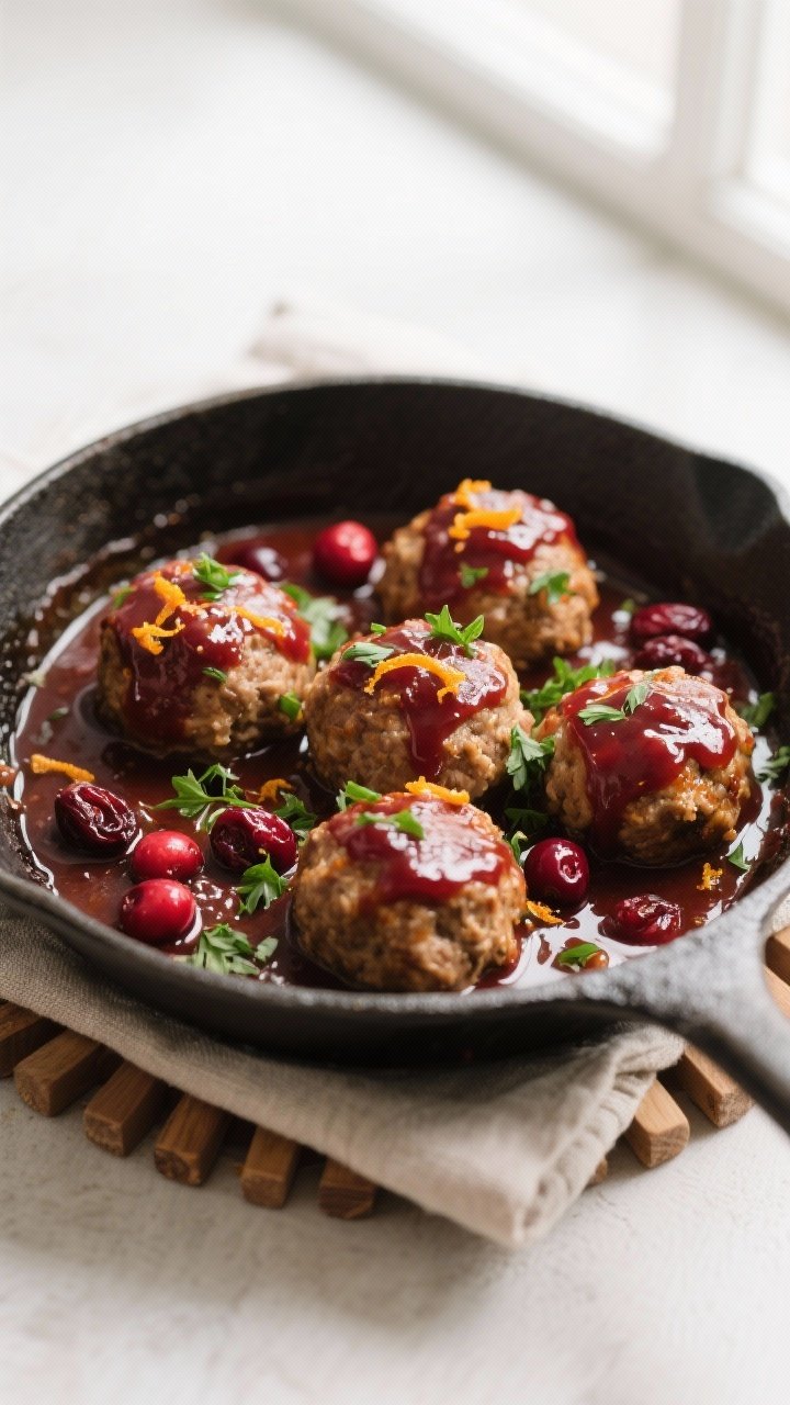 Tasty top view: Overhead shot of simmered turkey & cranberry meatballs nestled in a skillet of thick