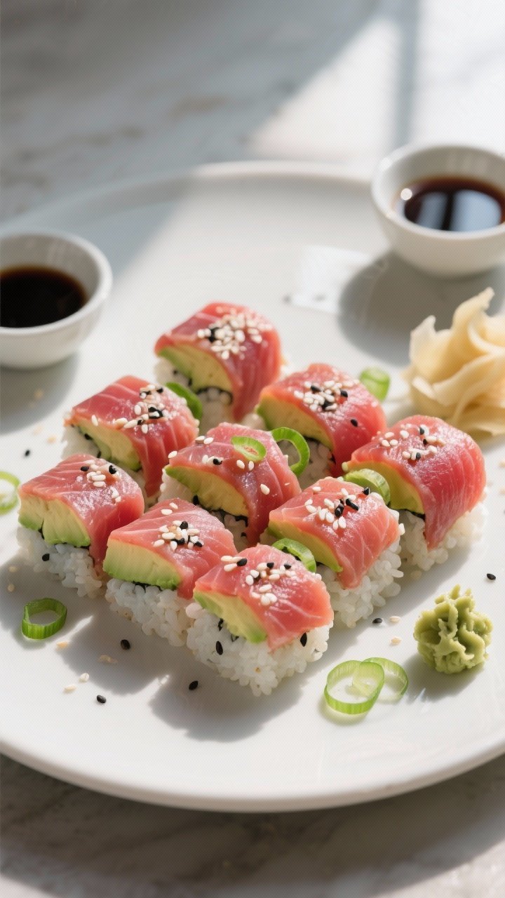 Tasty top view: Overhead shot of sliced tuna & avocado sushi rolls arranged in a tight grid on a mat