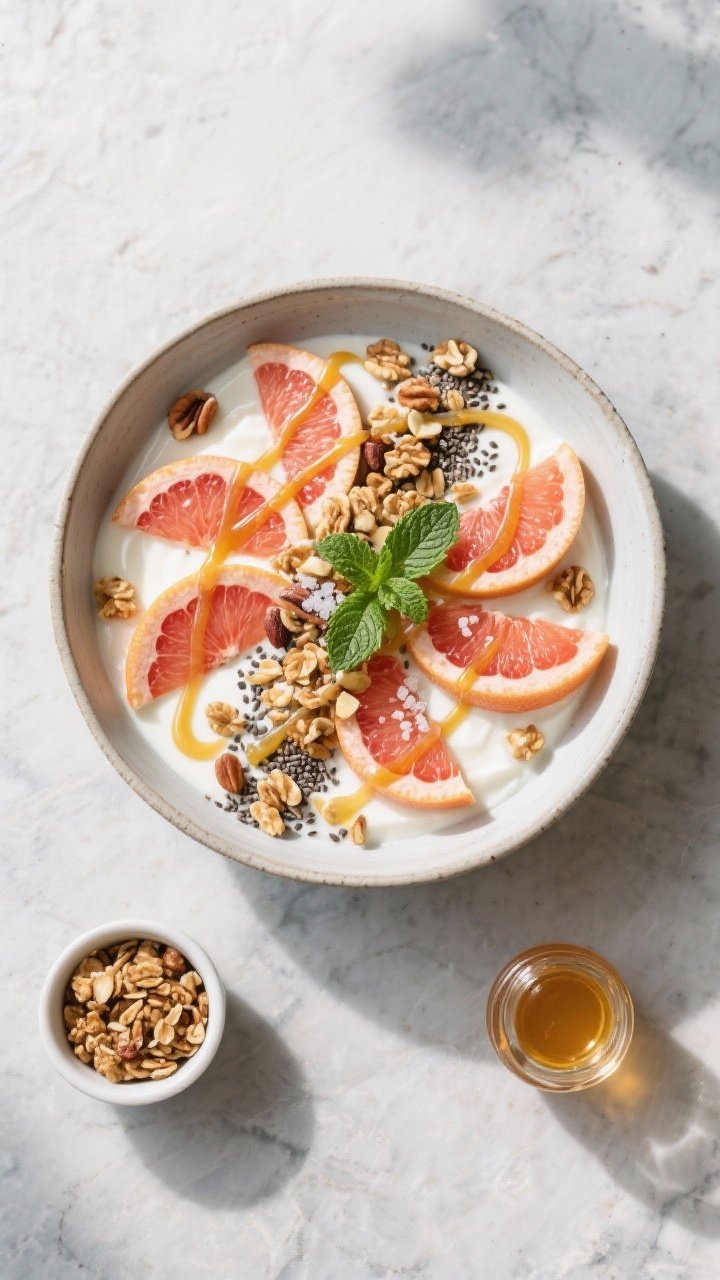 Tasty top view: Overhead shot of the assembled Cara Cara Yogurt Bowl in a wide, shallow bowl showing