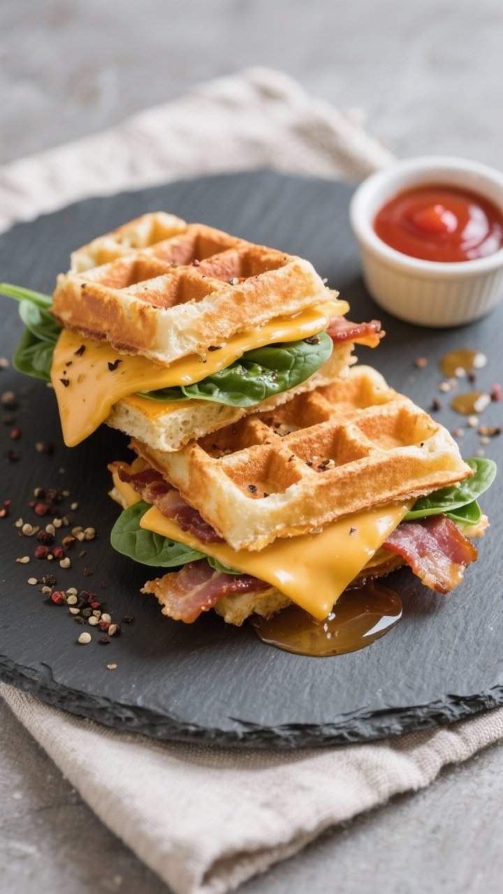 Tasty top view: Overhead shot of the assembled waffle sandwich sliced in half, stacked with neat lay