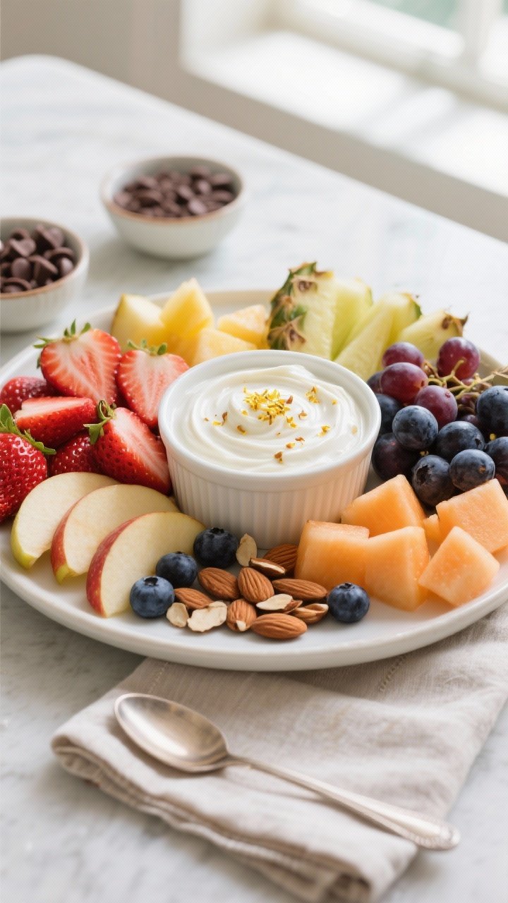 Tasty top view: Overhead shot of the final fruit-dip platter for a brunch spread—central white ram