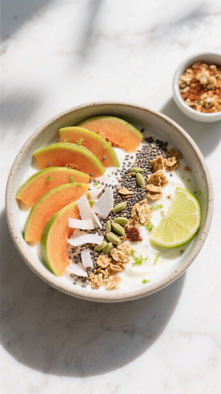 Tasty top view: Overhead shot of the final Papaya Lime Yogurt Bowl assembled in a shallow ceramic bo