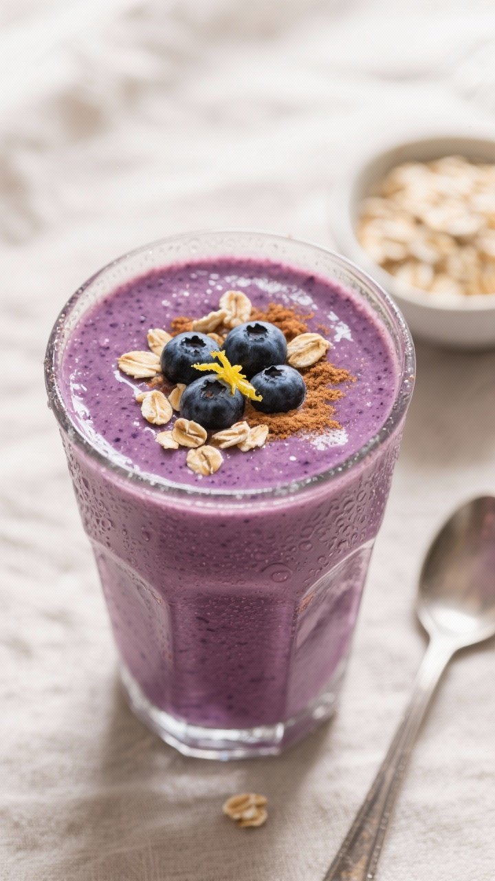 Tasty top view: Overhead shot of the finished Blueberry Muffin Smoothie poured into a chilled glass,