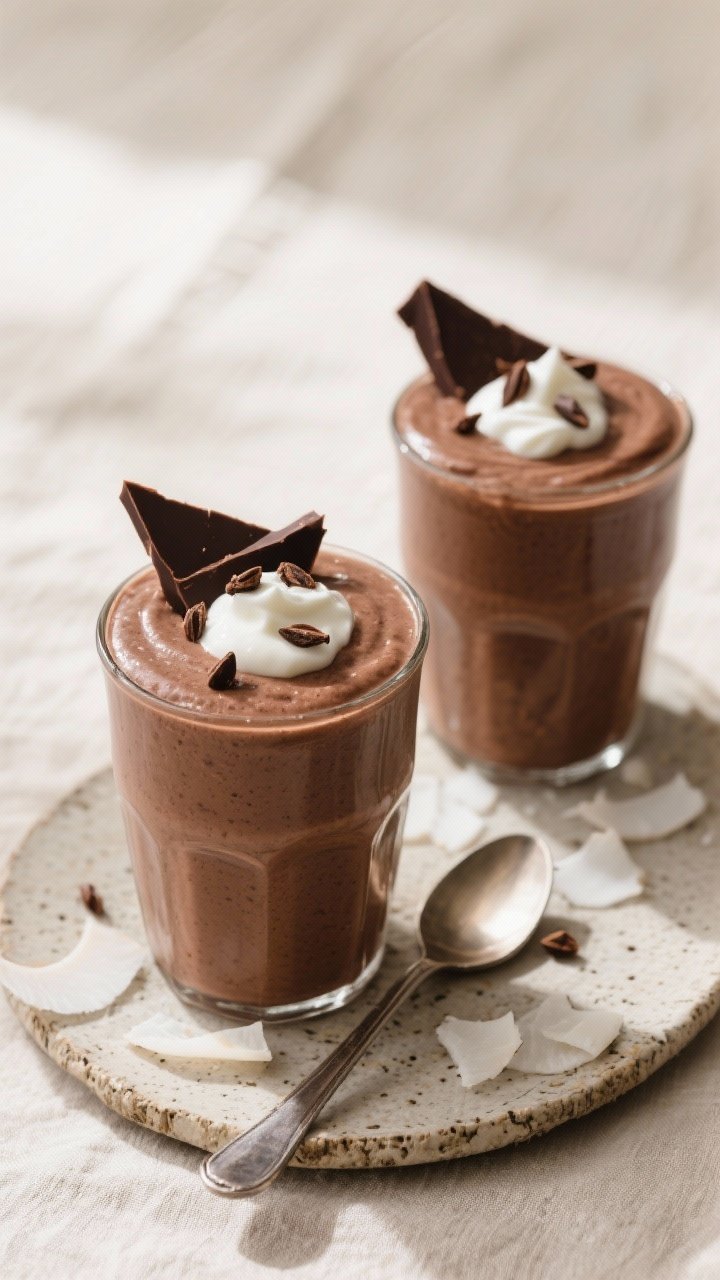 Tasty top view: Overhead shot of the finished Chocolate Avocado Pudding Smoothie served extra-thick