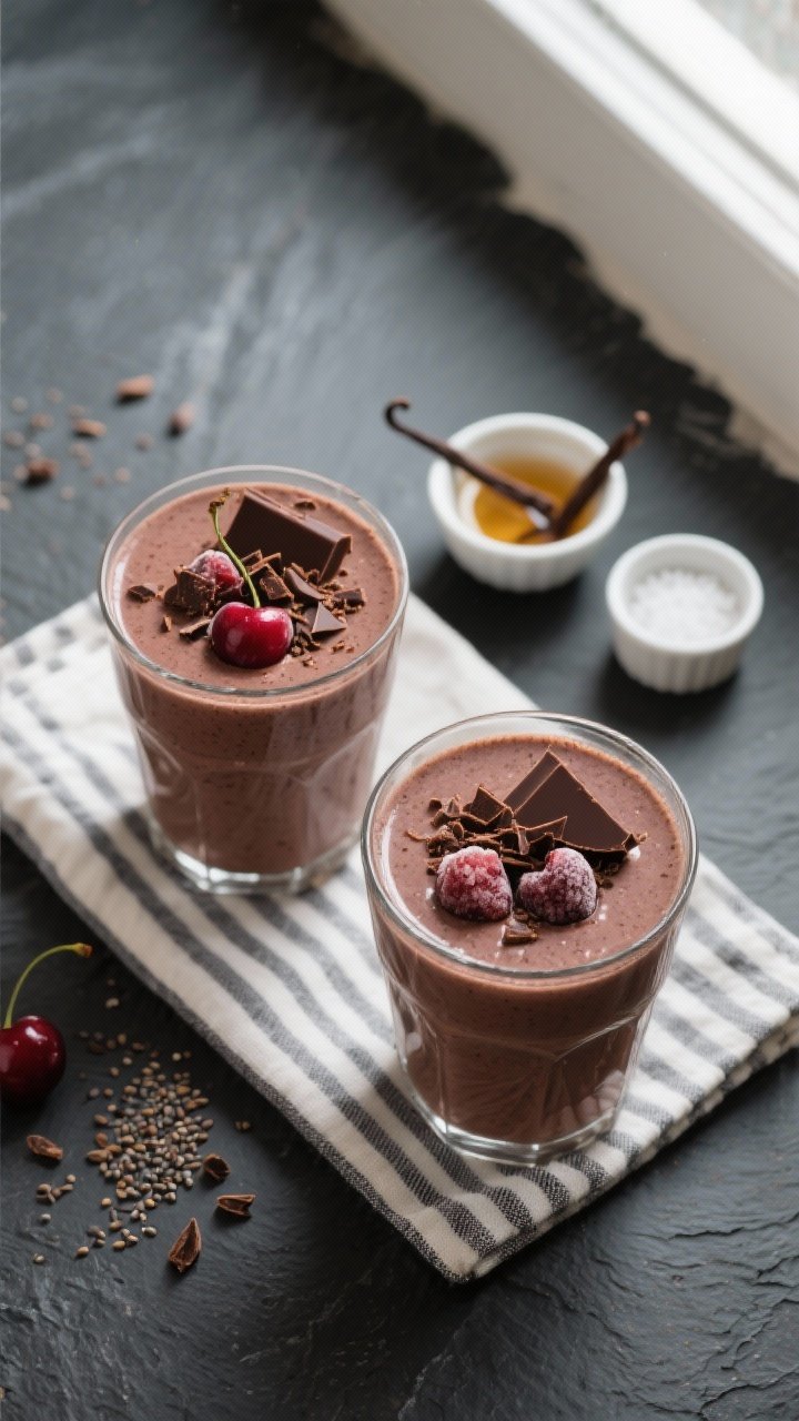 Tasty top view: Overhead shot of the finished Chocolate Cherry Smoothie in two glasses, topped with 