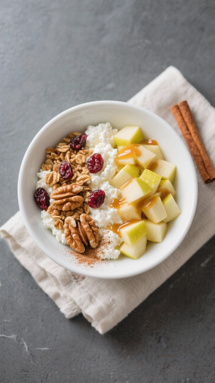 Tasty top view: Overhead shot of the finished Cottage Cheese Bowl (fall apple & cinnamon) arranged i