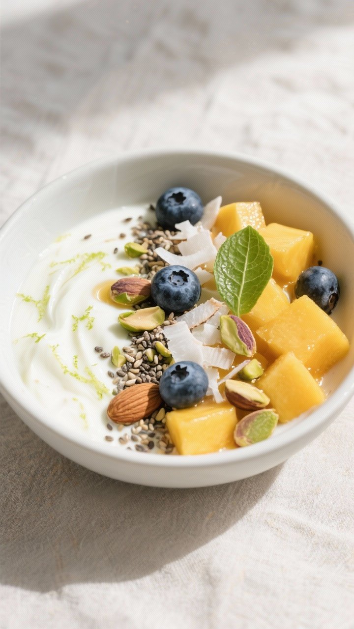 Tasty top view: Overhead shot of the finished Kaffir Lime Yogurt Bowl—creamy yogurt base marbled w