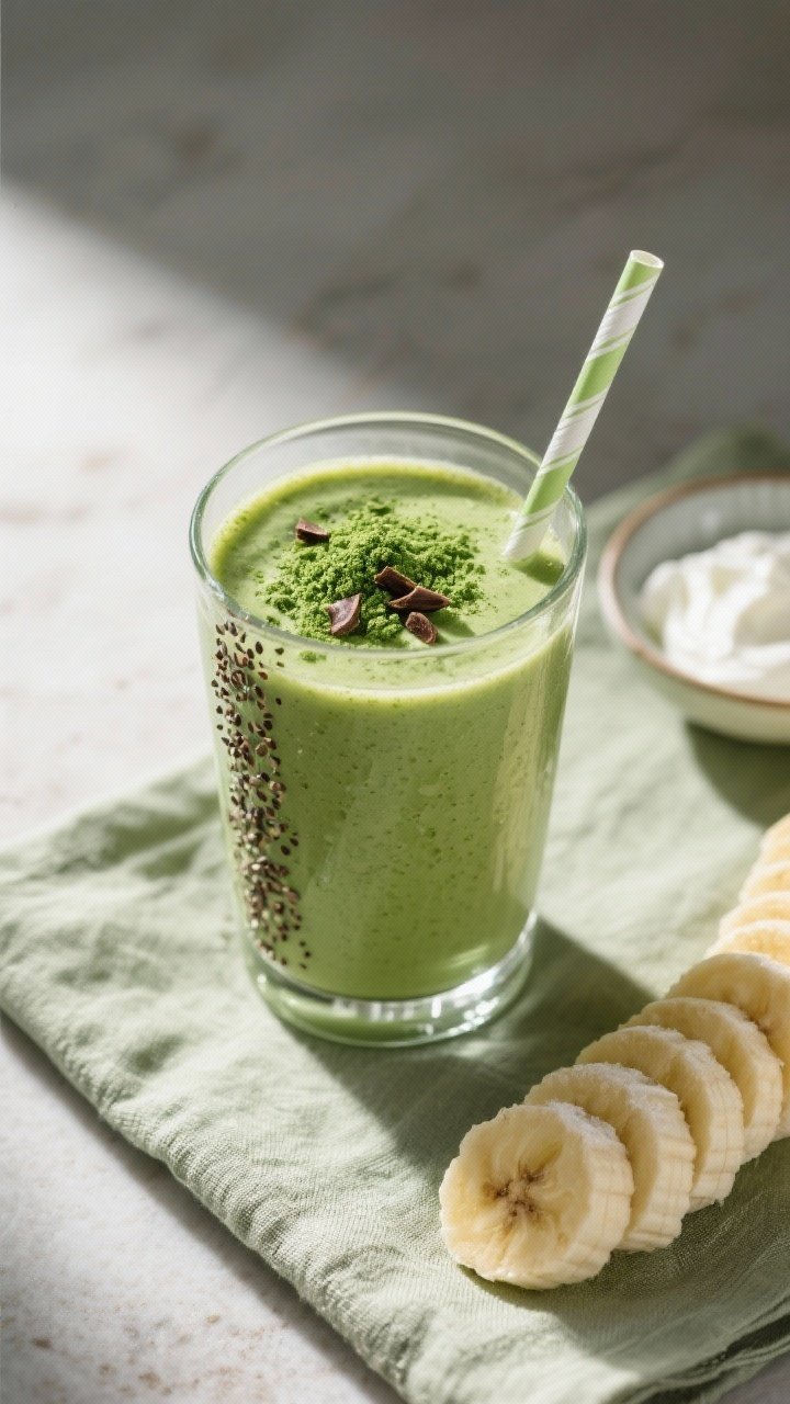 Tasty top view: Overhead shot of the finished Matcha Green Tea Smoothie in a clear highball glass, t