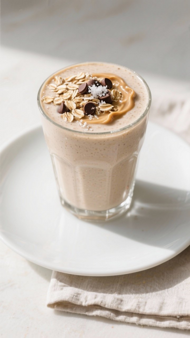 Tasty top view: Overhead shot of the finished Monster Cookie Smoothie poured into a tall clear glass