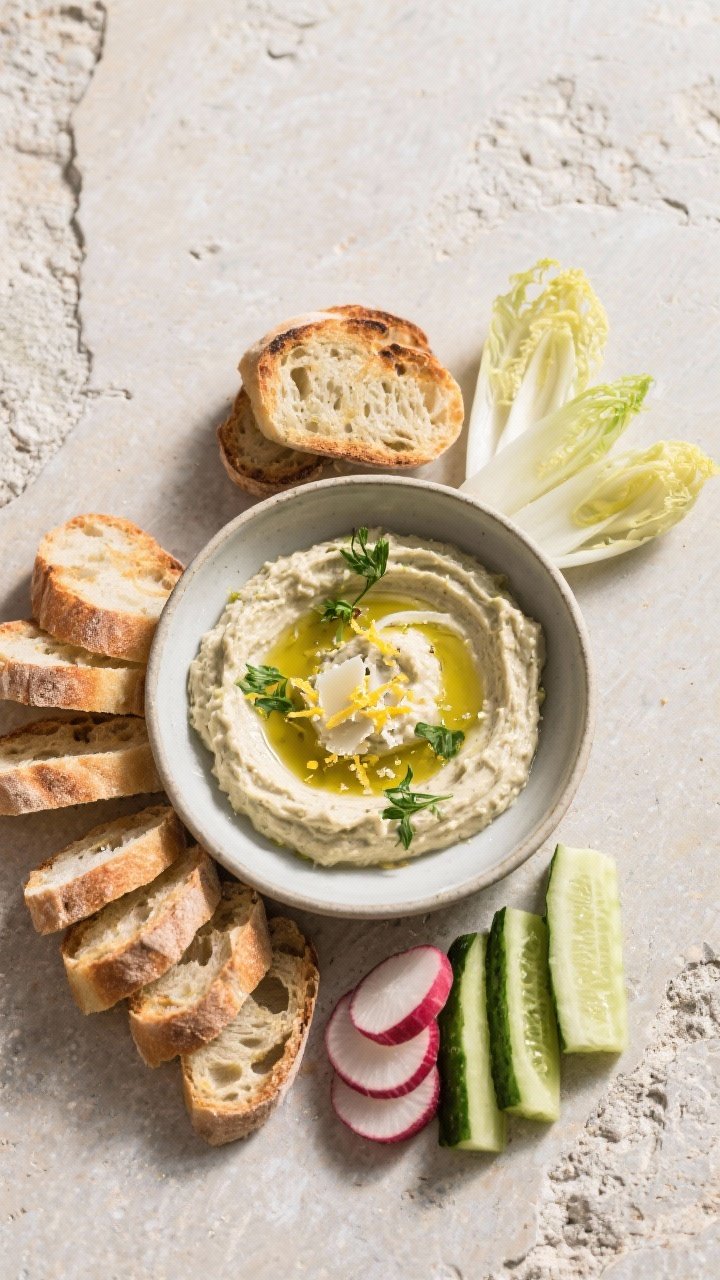 Tasty top view: Overhead shot of the finished rapini & white bean dip styled for serving—dip sprea