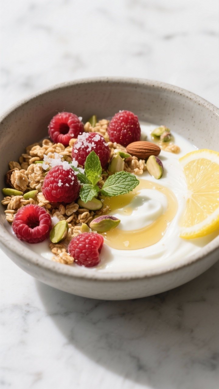 Tasty top view: Overhead shot of the finished Raspberry Lemon Yogurt Bowl—thick lemon-kissed yogur