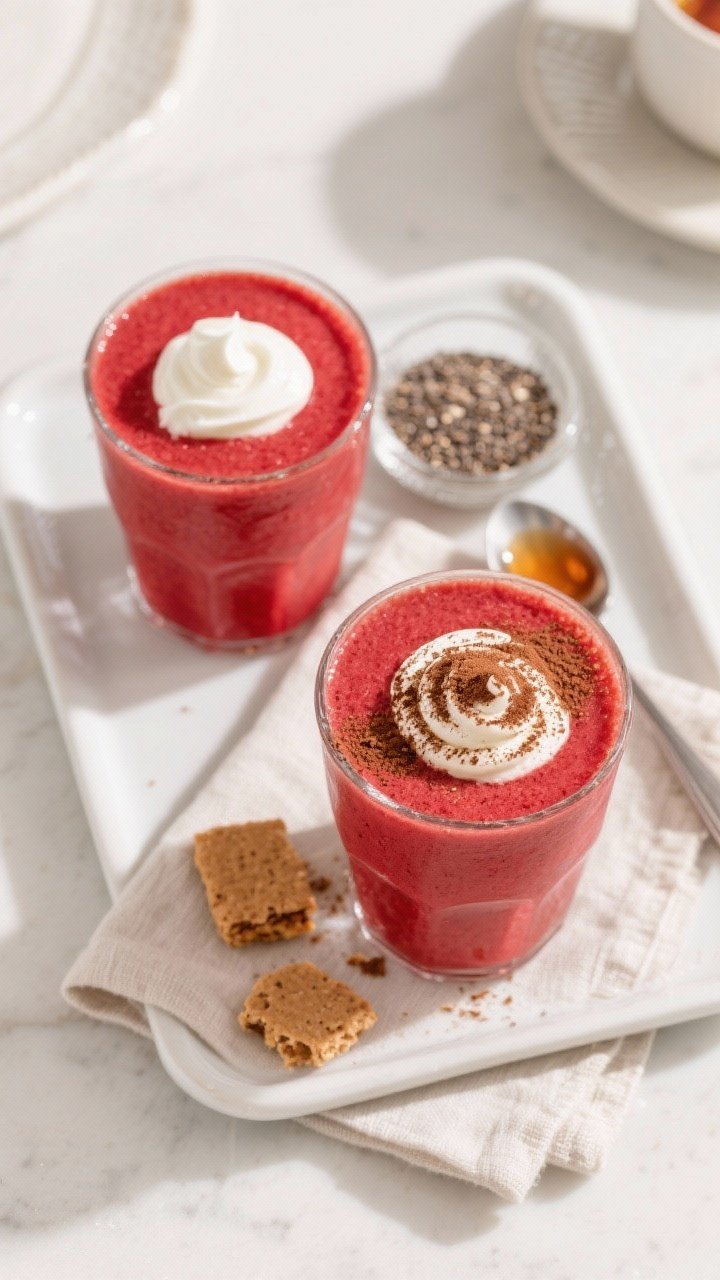 Tasty top view: Overhead shot of the finished Red Velvet Smoothie served in two glasses, topped with