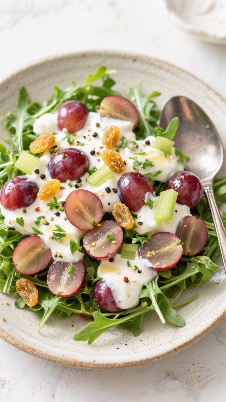 Tasty top view: Overhead shot of the finished salad arranged on a bed of baby arugula in a shallow s