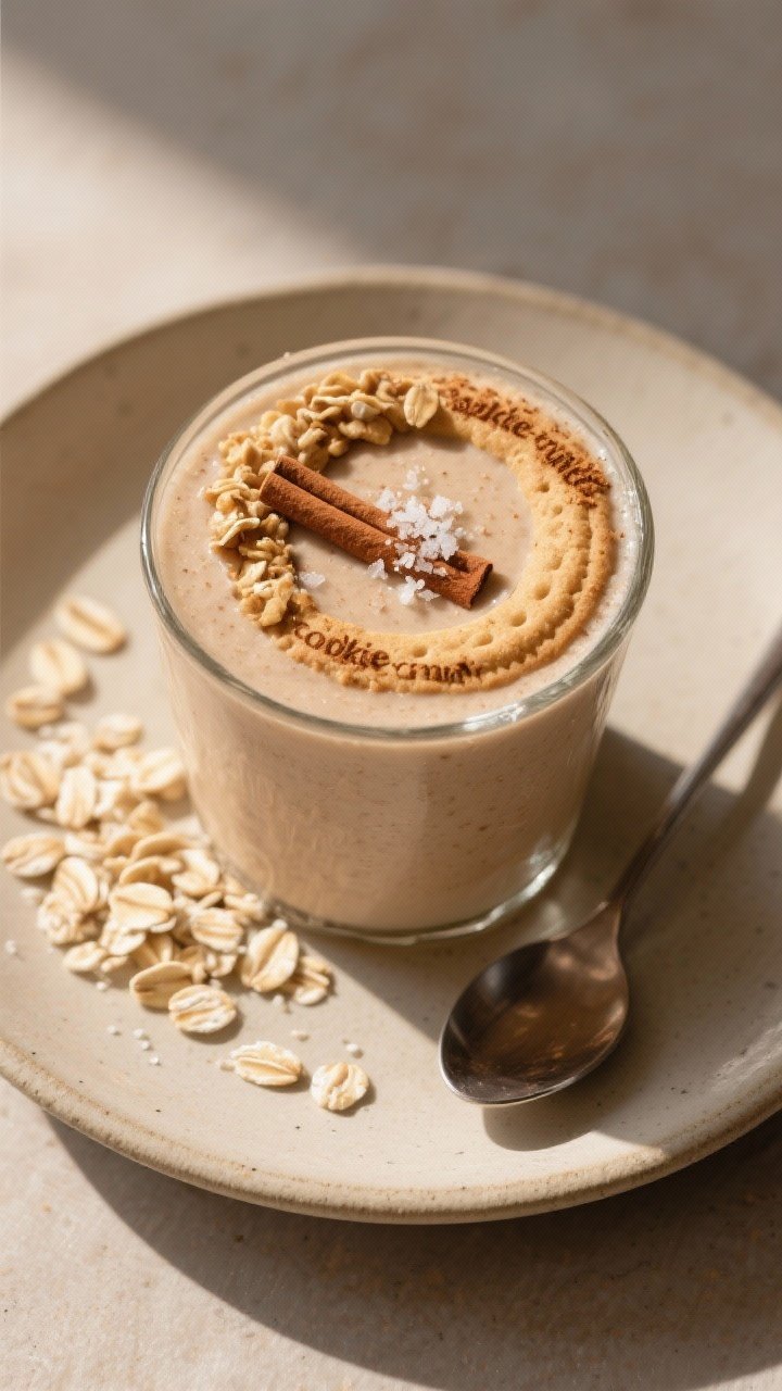 Tasty top view: Overhead shot of the finished Snickerdoodle Smoothie in a wide glass topped with a n