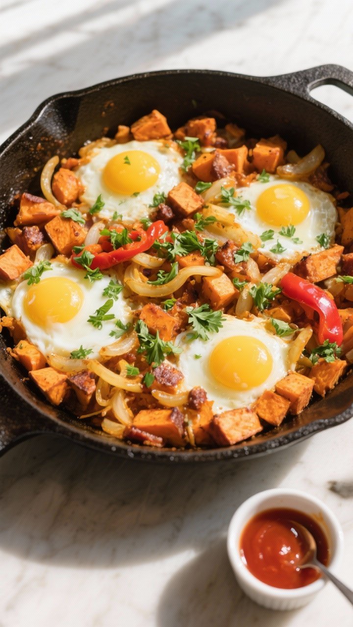 Tasty top view: Overhead shot of the finished sweet potato breakfast hash in a 12-inch cast-iron ski