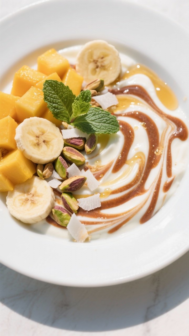 Tasty top view: Overhead shot of the finished Tamarind Yogurt Swirl breakfast bowl—distinct marble