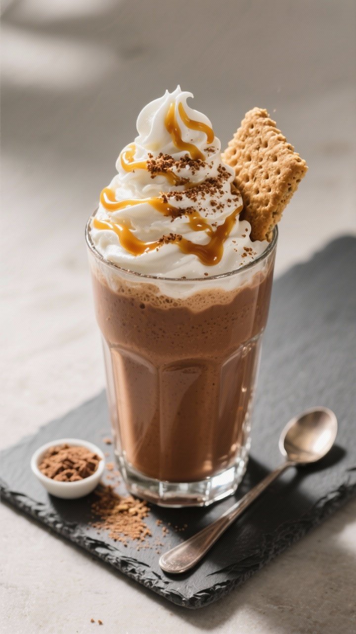 Tasty top view: Overhead shot of the finished Twix Smoothie topped with a tall swirl of whipped crea