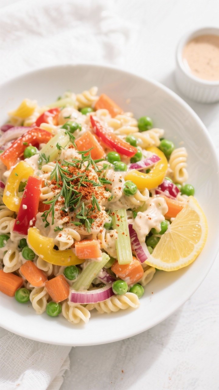 Tasty top view — overhead shot of the finished veggie-packed macaroni salad in a wide, white shall