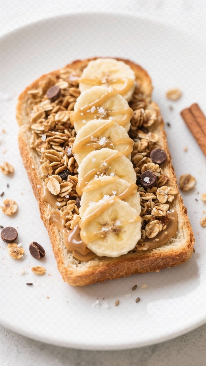 Tasty top view: Overhead shot of the fully assembled Peanut Butter Banana Toast with Granola Crunch 