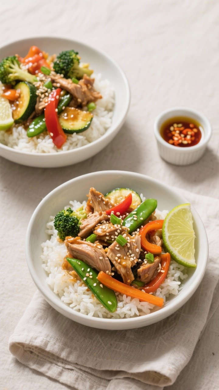 Tasty top view: Overhead shot of Turkey & Veggie Stir-Fry Bowls served over fluffy jasmine rice in m