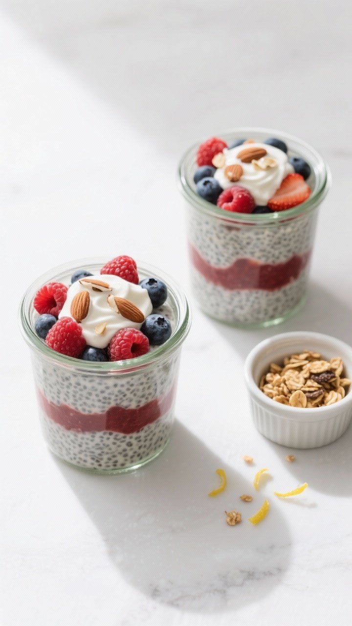 Tasty top view: Overhead shot of two assembled Chia Pudding Breakfast Jars on a matte white surface,